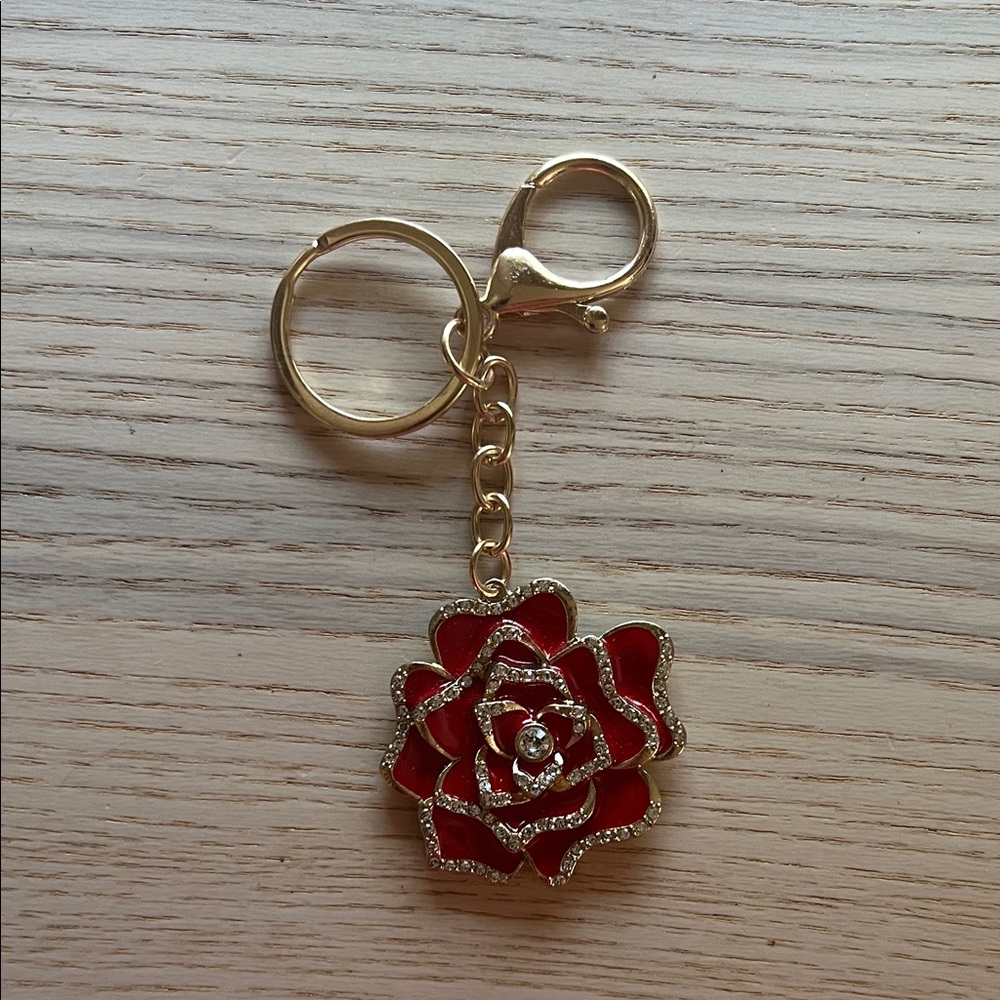 Chic Red Rose Keychain with Gold Accents